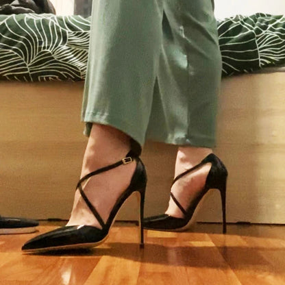 White Glossy Patent Cross Strap Stiletto Pumps For Women