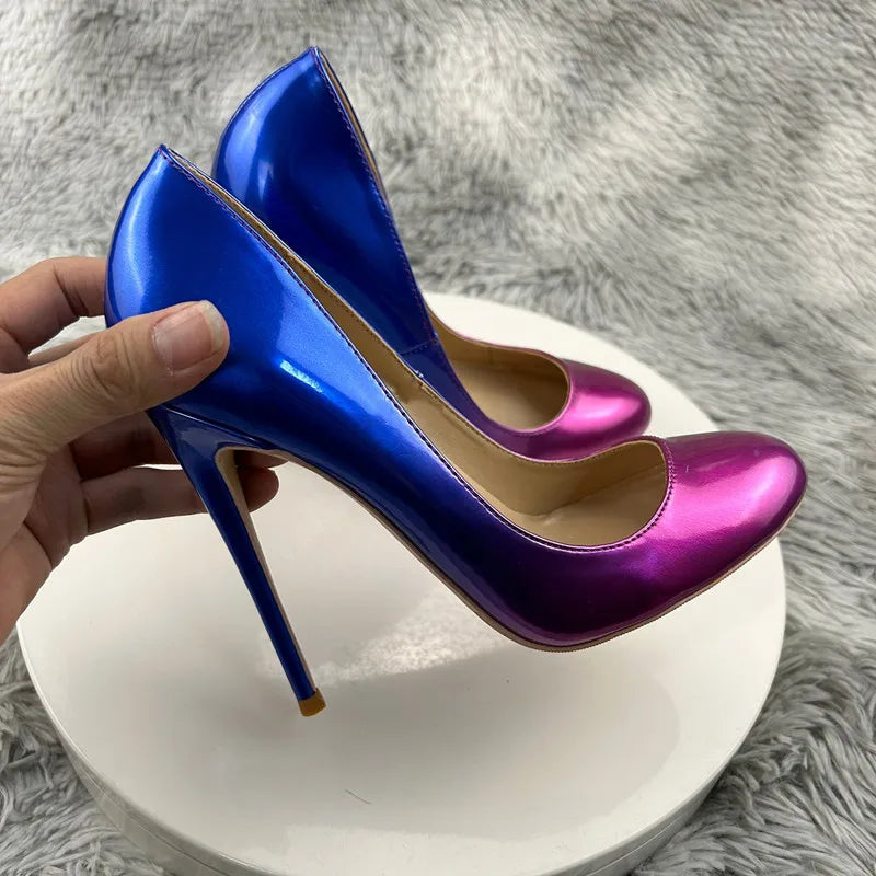 Blue Pink Gradient Round Toe Slip On High Heel Shoes For Women