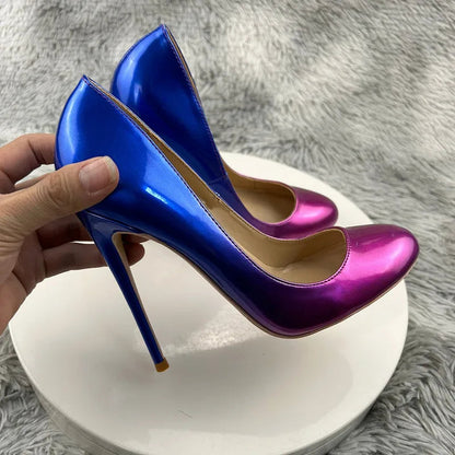 Blue Pink Gradient Round Toe Slip On High Heel Shoes For Women