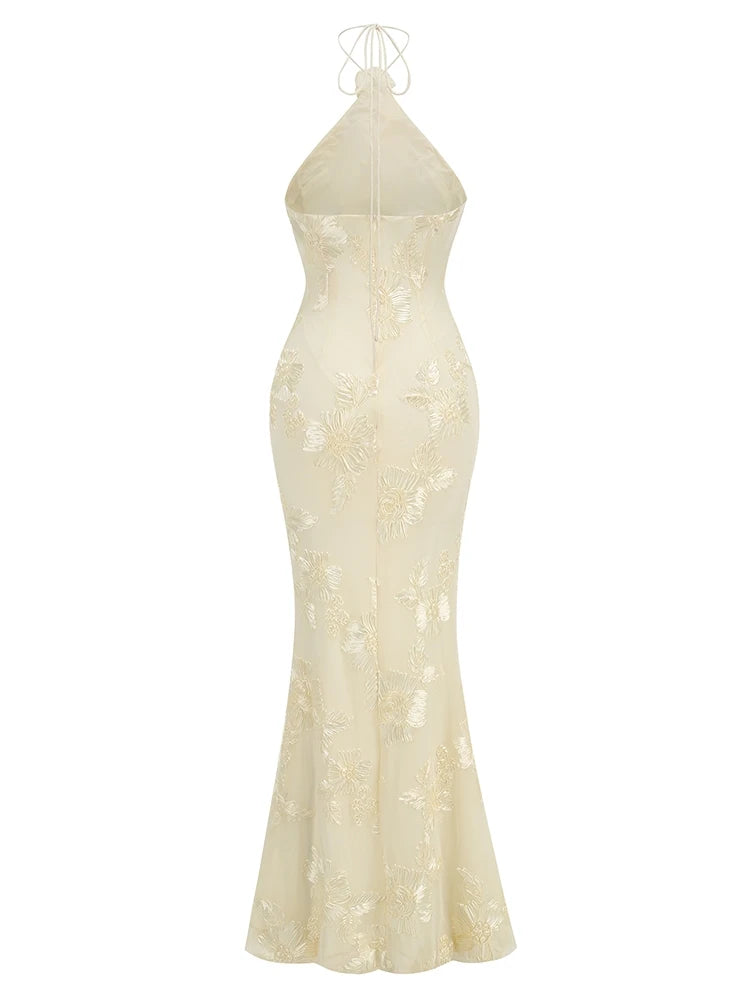 Ysabella Floral Applique Mesh Halter Gown