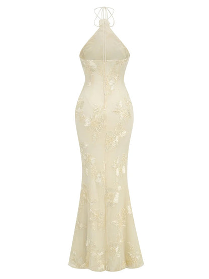 Ysabella Floral Applique Mesh Halter Gown