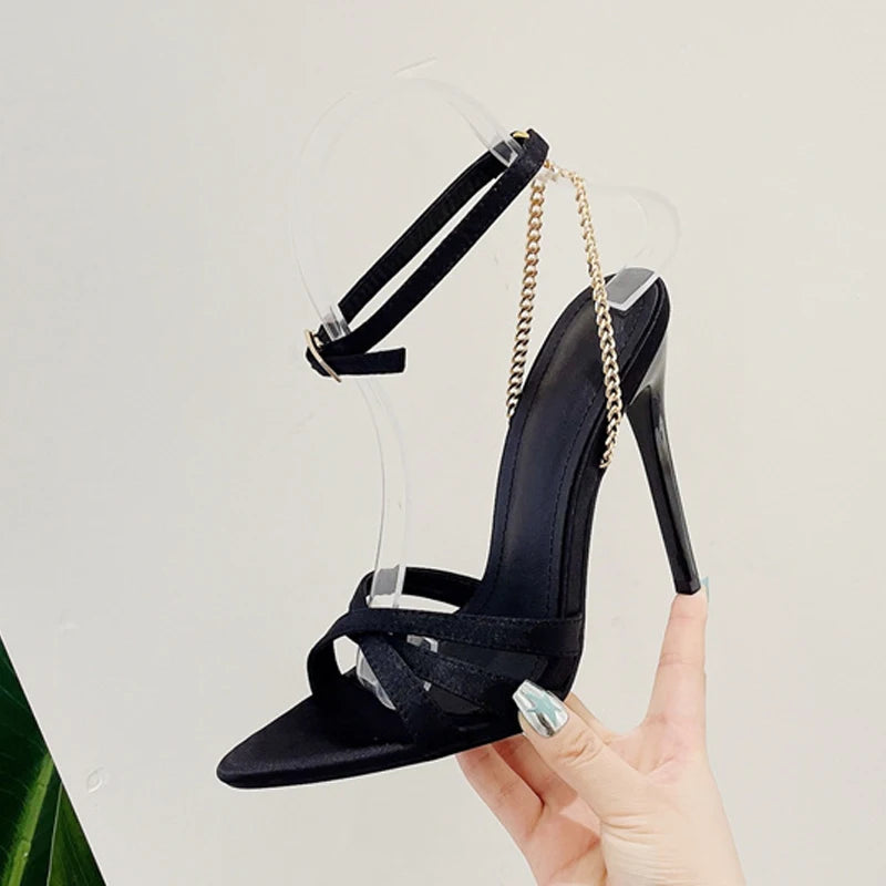 Black Metal Chain Sandals For Women