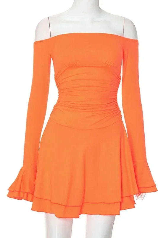 Off-Shoulder Backless Mini Dress With Flare Sleeves