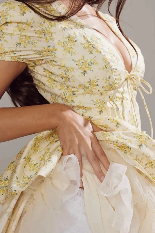 Short Sleeve Deep V Neck Pleated A-Line Mini Dress