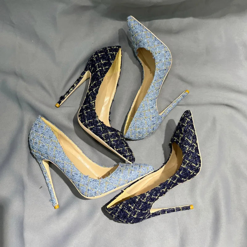 Blue Plaid Pointy Toe High Heel Shoes For Women