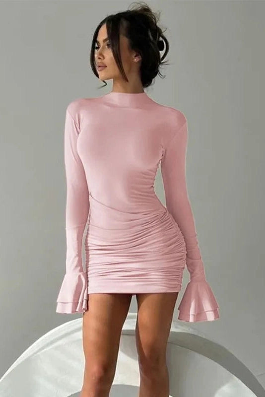 Elegant Pleated O Neck Long Sleeve Mini Dress
