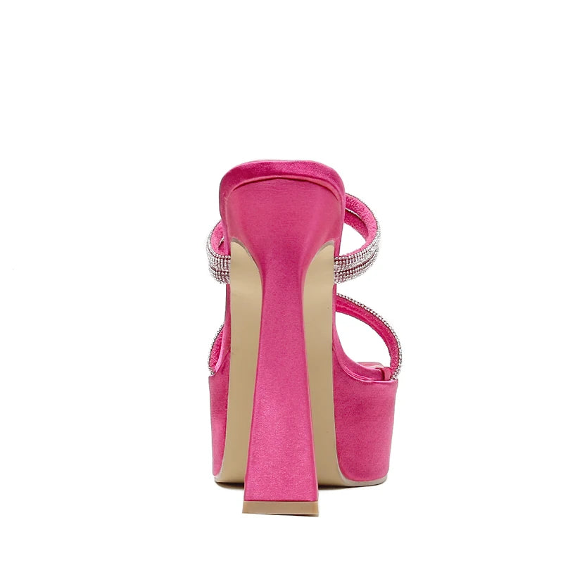 Crystal Silk Slippers Women Platform Chunky Heels