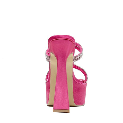Crystal Silk Slippers Women Platform Chunky Heels