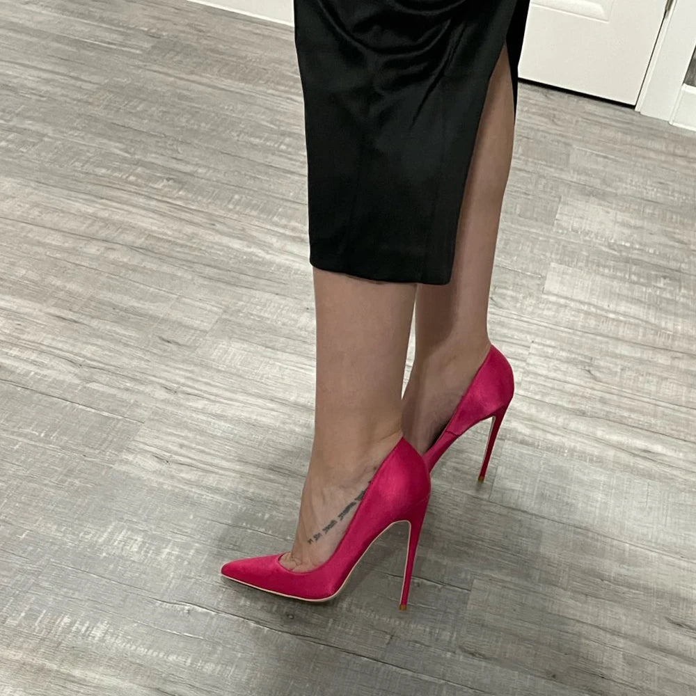 Rose Pink Satin Pointed Toe High Heels Stiletto Pumps For Women