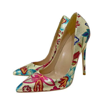 Gold Floral Embossed Printed Pointy Toe High Heel Shoes For Women