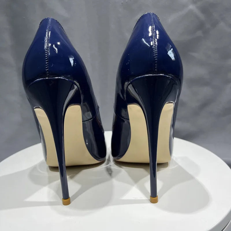 Navy Blue Patent Low Cut Pointy Toe Stiletto Pumps For Women