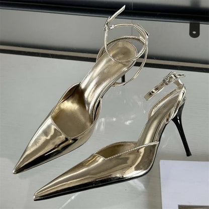 Gold Silver Ankle Buckle Strap Women Pumps with Sexy Pointed Toe and Thin High Heels