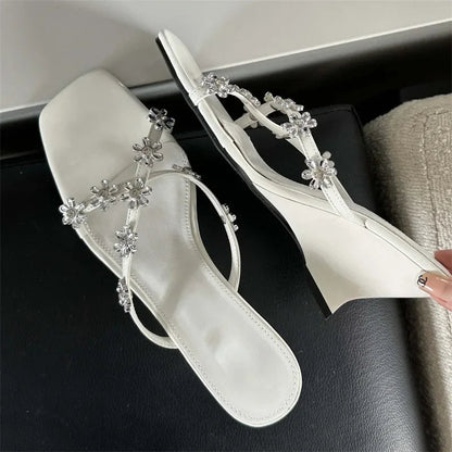 Crystal Flower Square Toe Women Slippers with Designer Wedge High Heels for Summer