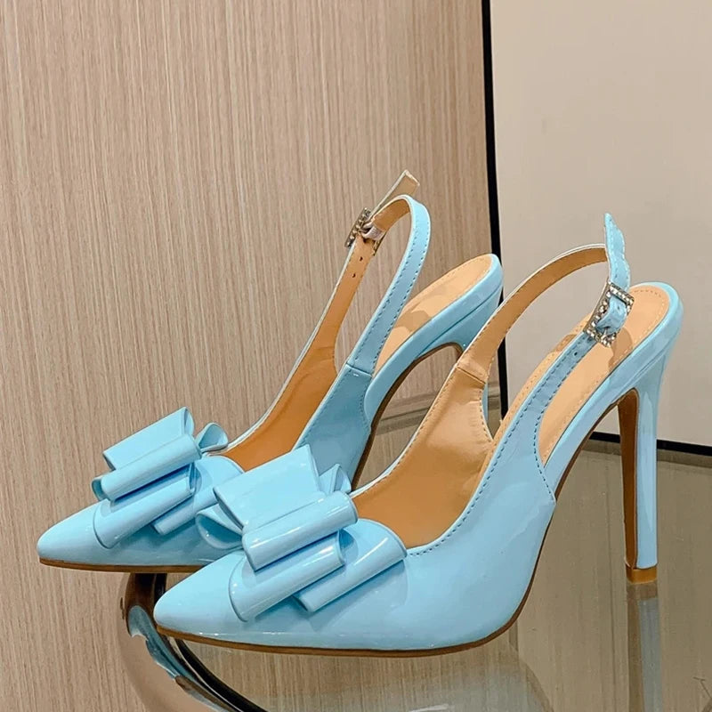 Blue Leather Bowknot Pointed Toe Stiletto High Heels For Women