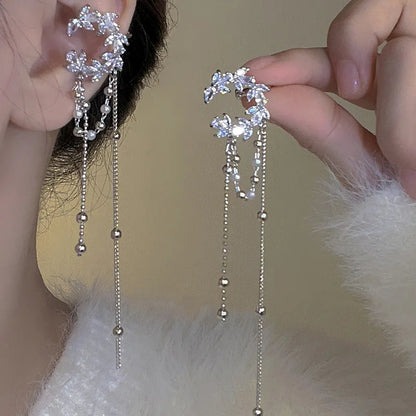 Lizakosht Korea Fashion Pearl And Zirconia Moon Tassel Clip Earrings For Women Luxury Ear Cuff