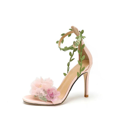 Pink Chiffon Flower Dream High Heels Lace Up Sandals