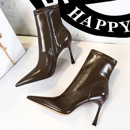 Leather High Heel Boots With Side Zipper And Warm Plush Lining For Winter