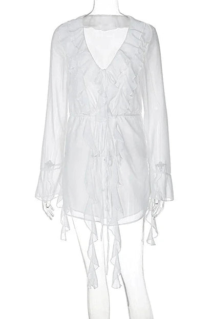 V Neck Long Sleeve Lace-Up See-Through Mini Dress