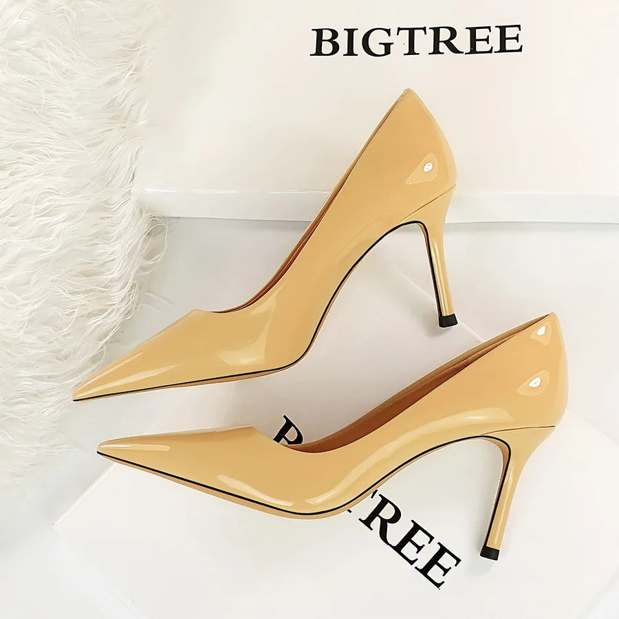 Patent Leather Pointed Toe Stiletto Pumps For Women Office Wear