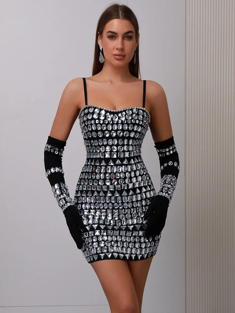 Isolde Rhinestone Bandage Dress With Matching Gloves
