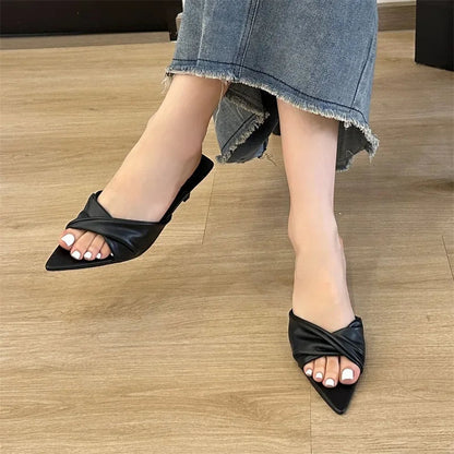Elegant Pleated Pointed Toe Women Slippers With Thin Low Heels