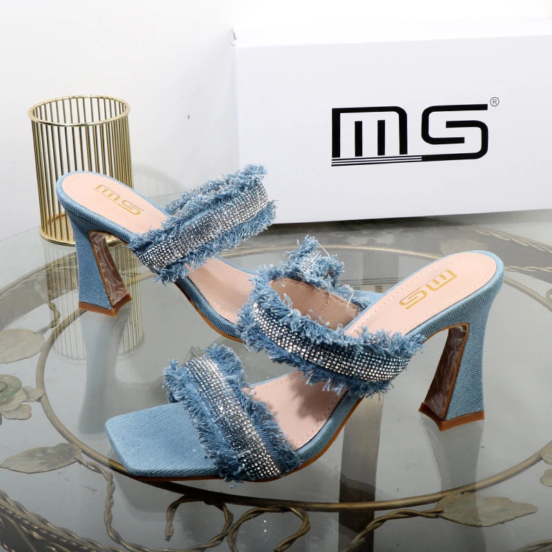 Denim Women Slippers With New Rhinestone Plush Stiletto Heels