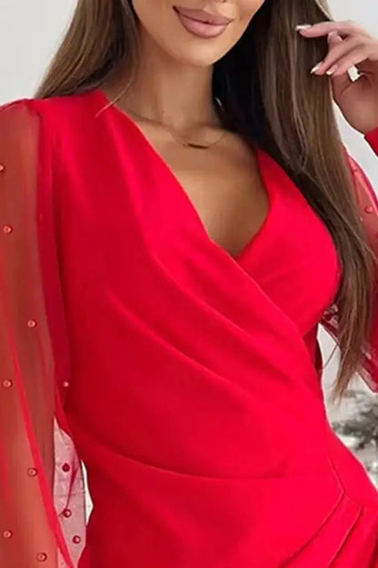 Mesh Ruched Beaded Mini Dress