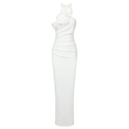 Bonnie Halter Gown Dress With Ruched 3D Flowers