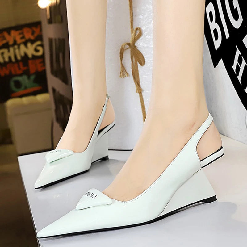 Patent Leather Hollow Back Strap Wedges Heels Women Pumps