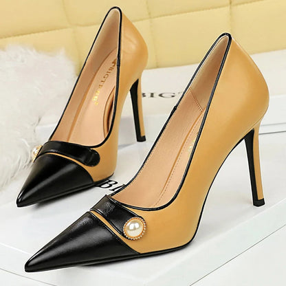 Retro Women Pearl Color Matching High Heels Stilettos Pointed Shoes