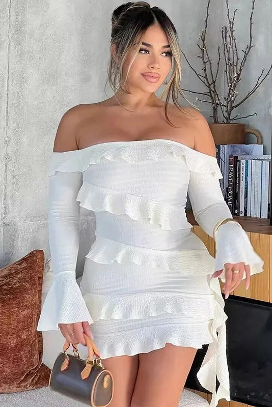 Off Shoulder Pleated Strapless Long Sleeve Patchwork Mini Dress -