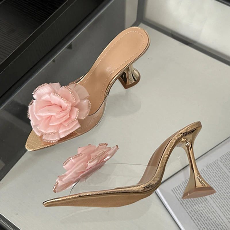 Transparent Pvc Women’s Fashion Flowers Pointed Toe High Heel Slippers