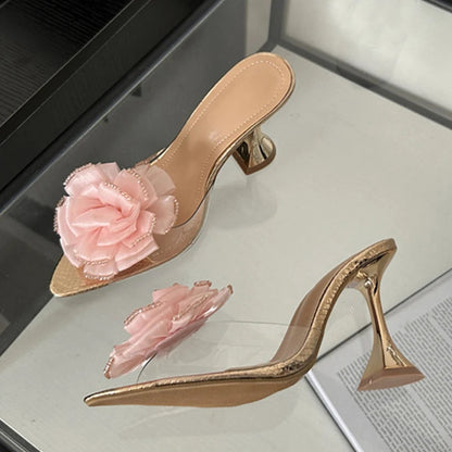 Transparent Pvc Women’s Fashion Flowers Pointed Toe High Heel Slippers