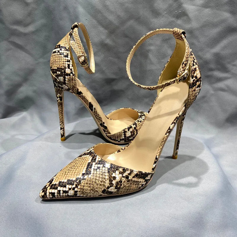 Beige Brown Snakeskin Pointy Toe Ankle Strap High Heel Shoes For Women