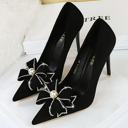 Pearl Bowknot Rhinestone High Heel Pumps In Suede Stilettos For Women - 10.5 Cm