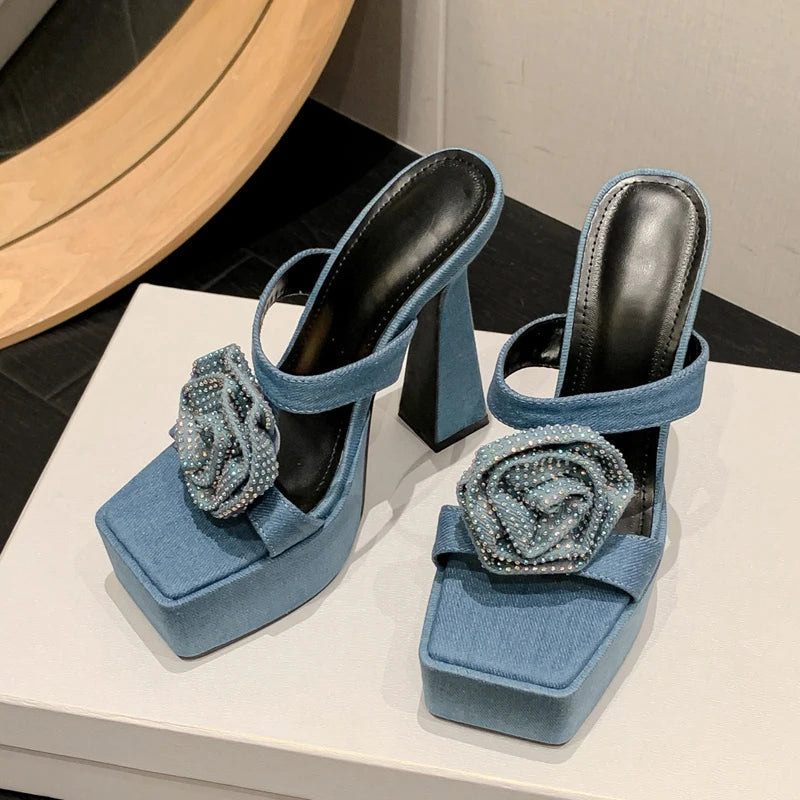 Denim Crystal Flower Women Slippers With Summer Design And Peep Toe Square Heels
