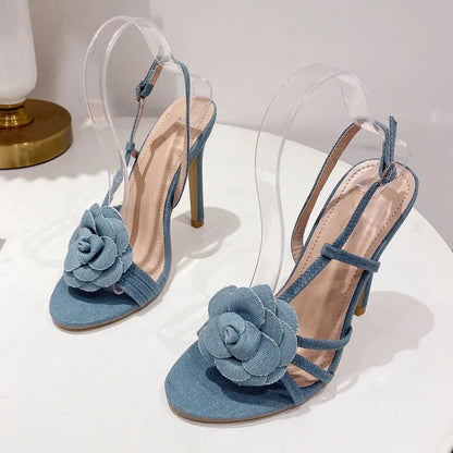Flower Women Sandals with Thin High Heels and Buckle Strap