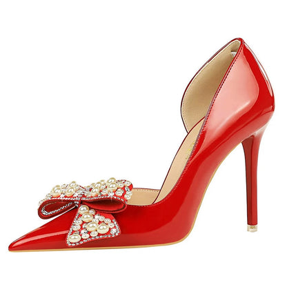 Women’s Luxury Bowknot Pearl Rhinestone Patent Leather High Heels