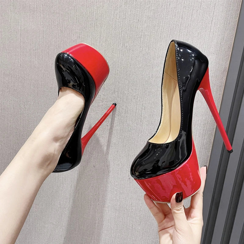 Patent Leather Round Toe Extreme High Heels For Spring And Autumn Stripper