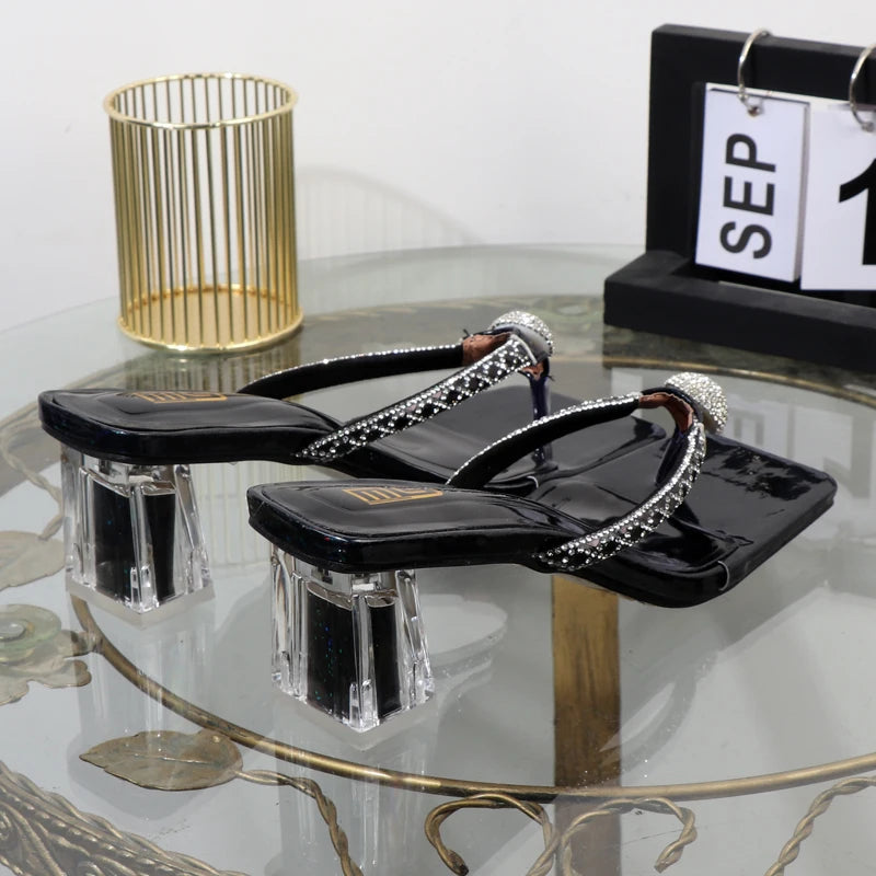 Women’s Rhinestone Square Toe Flip Flops With Transparent Thick Heel