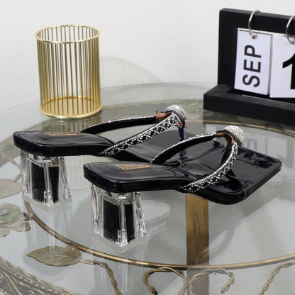 Women’s Rhinestone Square Toe Flip Flops With Transparent Thick Heel