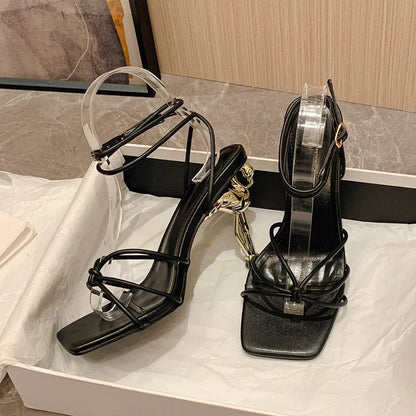 Narrow Band Square Toe Sandals With Ankle Buckle Strap High Heels For Women