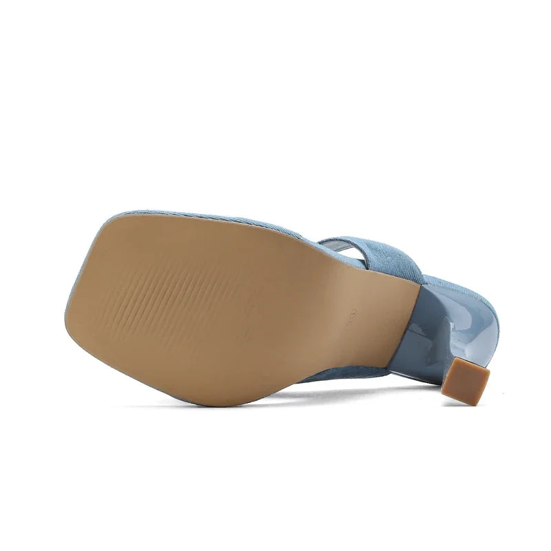 Denim Flowers Square Clip Toe Slippers With Thin High Heels For Summer Street Style Woman