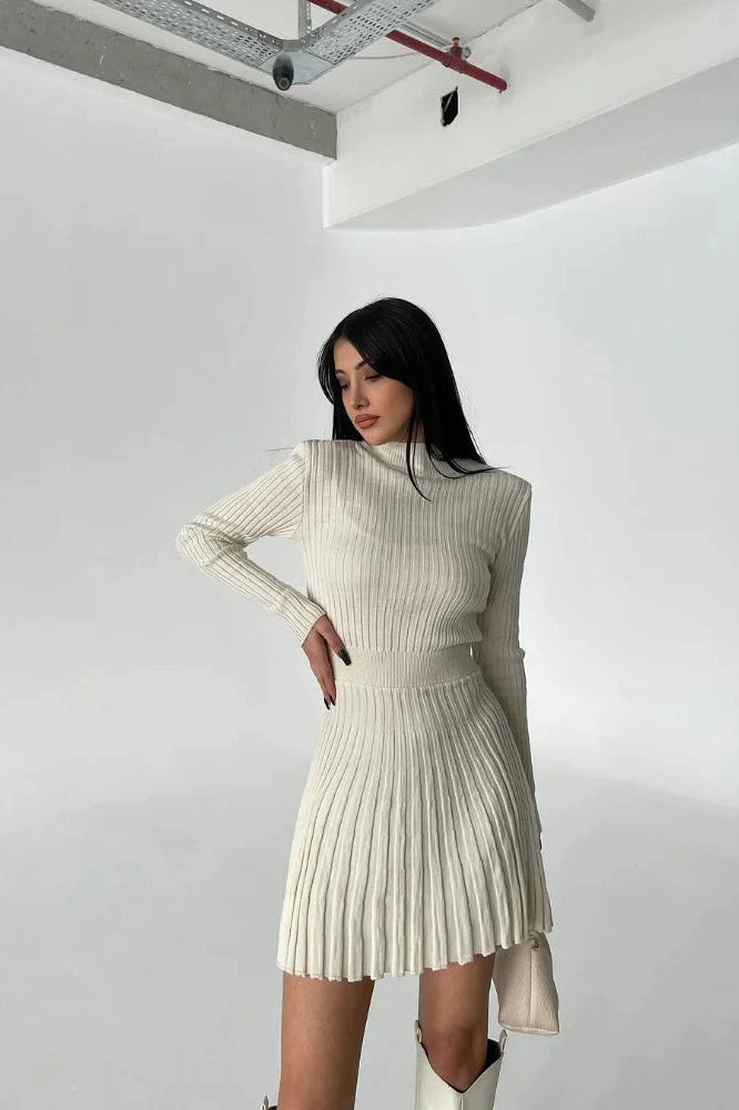 O-Neck Long Sleeve Mini Dress With High Waist