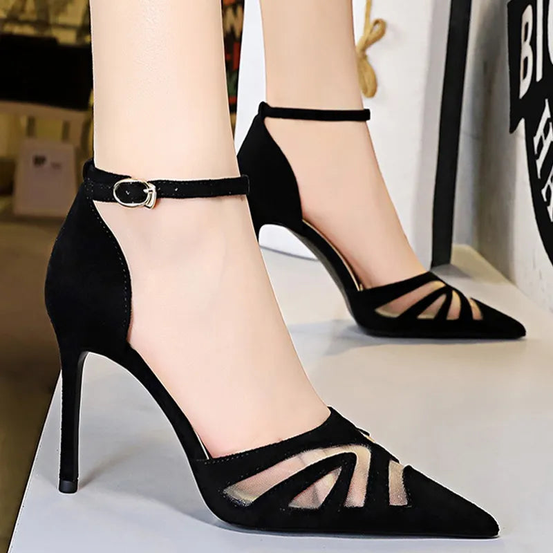 Suede High Heel Stiletto Sandals For Women - Mesh Hollow Summer Fashion
