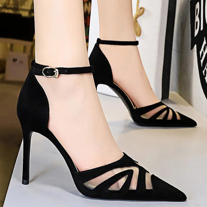 Suede High Heel Stiletto Sandals For Women - Mesh Hollow Summer Fashion