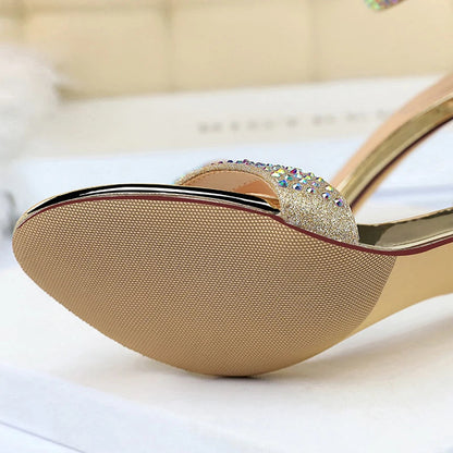 Rhinestone High Heels Kitten Party Shoes Open Toe Women Pumps