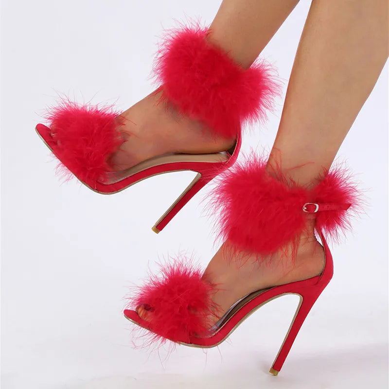 Faux Fur Ankle Strap Sandals For Women