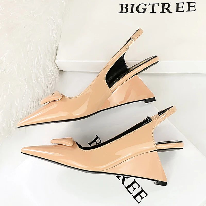 Patent Leather Hollow Back Strap Wedges Heels Women Pumps