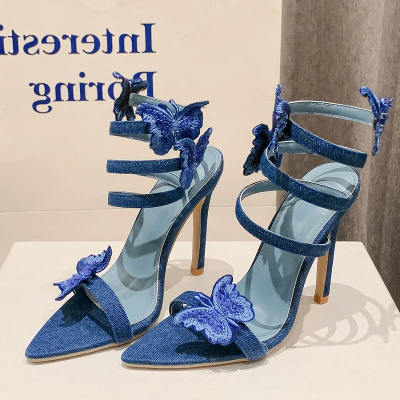 Denim Butterfly-Knot Thin Heels Sandals For Women